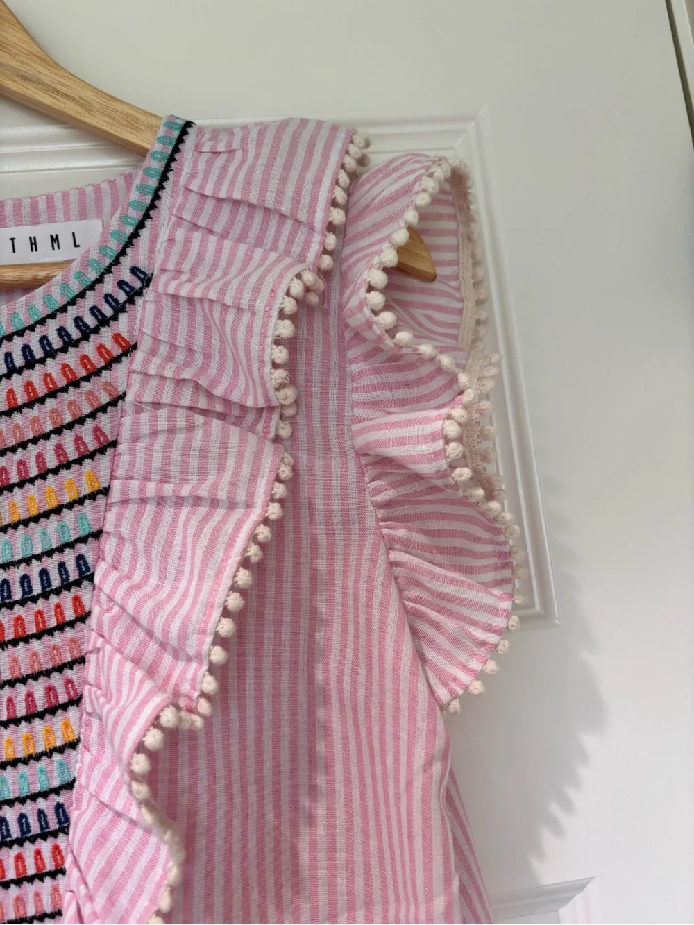 THML Sz L Embroidered Cotton Top Ruffled Sleeves  Pink White Stripes Cottagecore - Picture 6 of 10